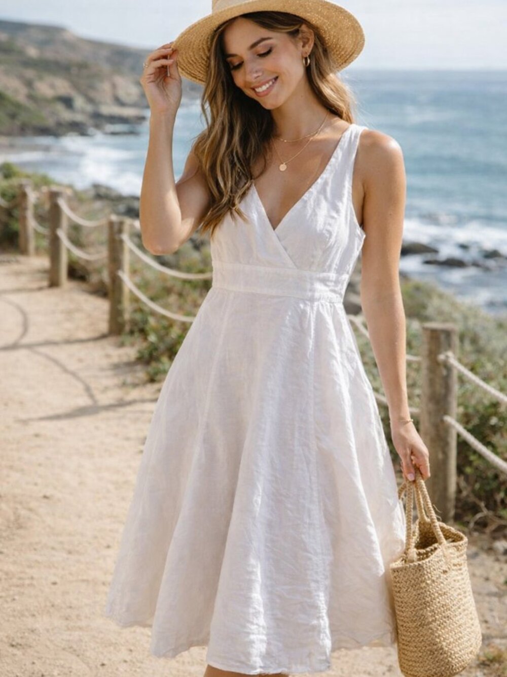 Level 99 White 100% Linen Heavy Weight Fit and Flare Dress